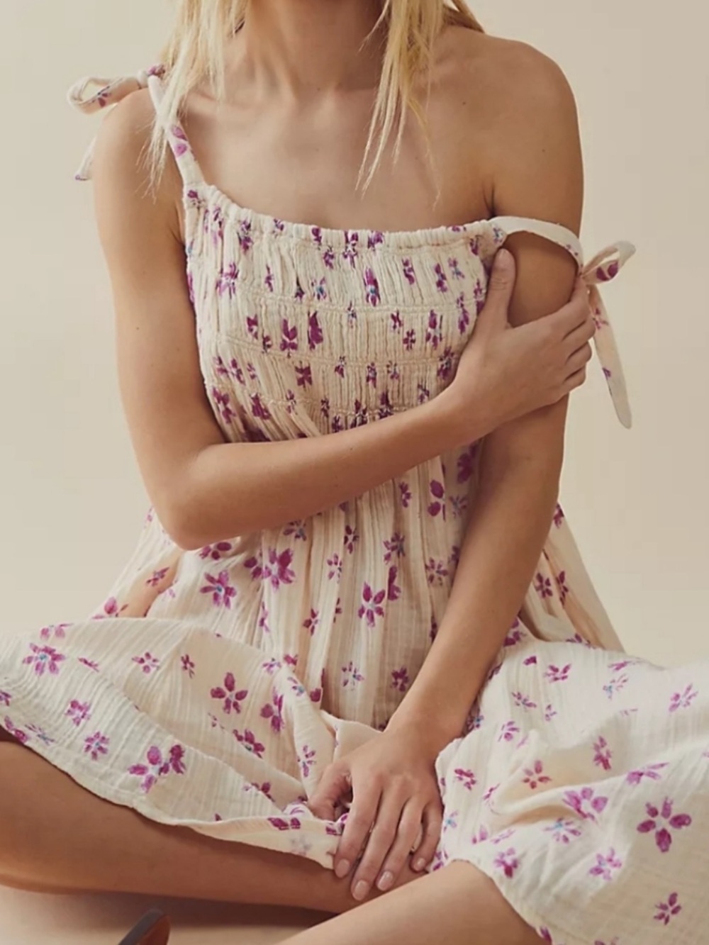 Free People Azure Midi Dress Size Small Ecru Lilac Floral Gauzy